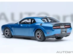 2023 Dodge Challenger SRT Super Stock Frostbite Blue Metallic with Carbon Stripes 1/18 Model Car by Autoart