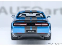 2023 Dodge Challenger SRT Super Stock Frostbite Blue Metallic with Carbon Stripes 1/18 Model Car by Autoart