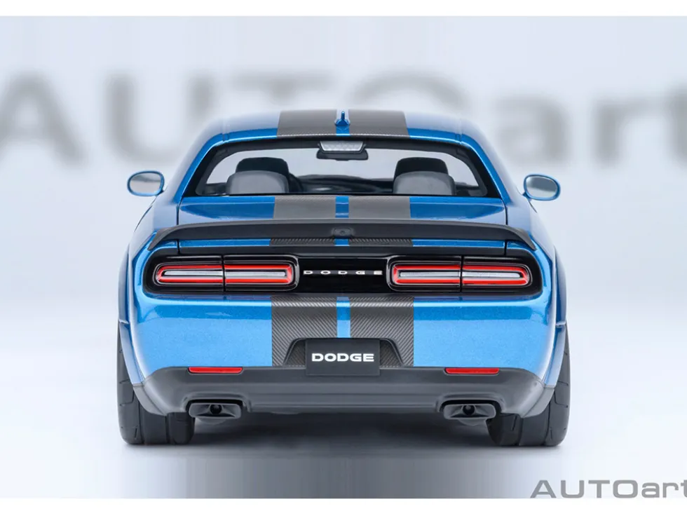 2023 Dodge Challenger SRT Super Stock Frostbite Blue Metallic with Carbon Stripes 1/18 Model Car by Autoart