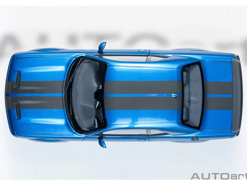 2023 Dodge Challenger SRT Super Stock Frostbite Blue Metallic with Carbon Stripes 1/18 Model Car by Autoart