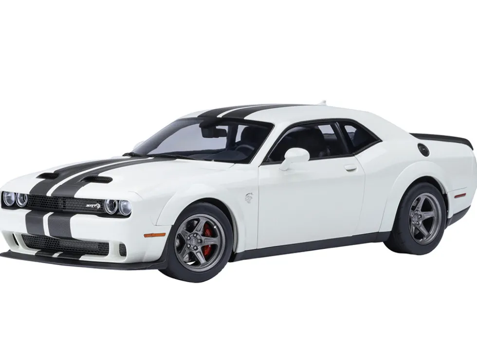 2023 Dodge Challenger SRT Super Stock Knuckle White with Carbon Stripes 1/18 Model Car by Autoart