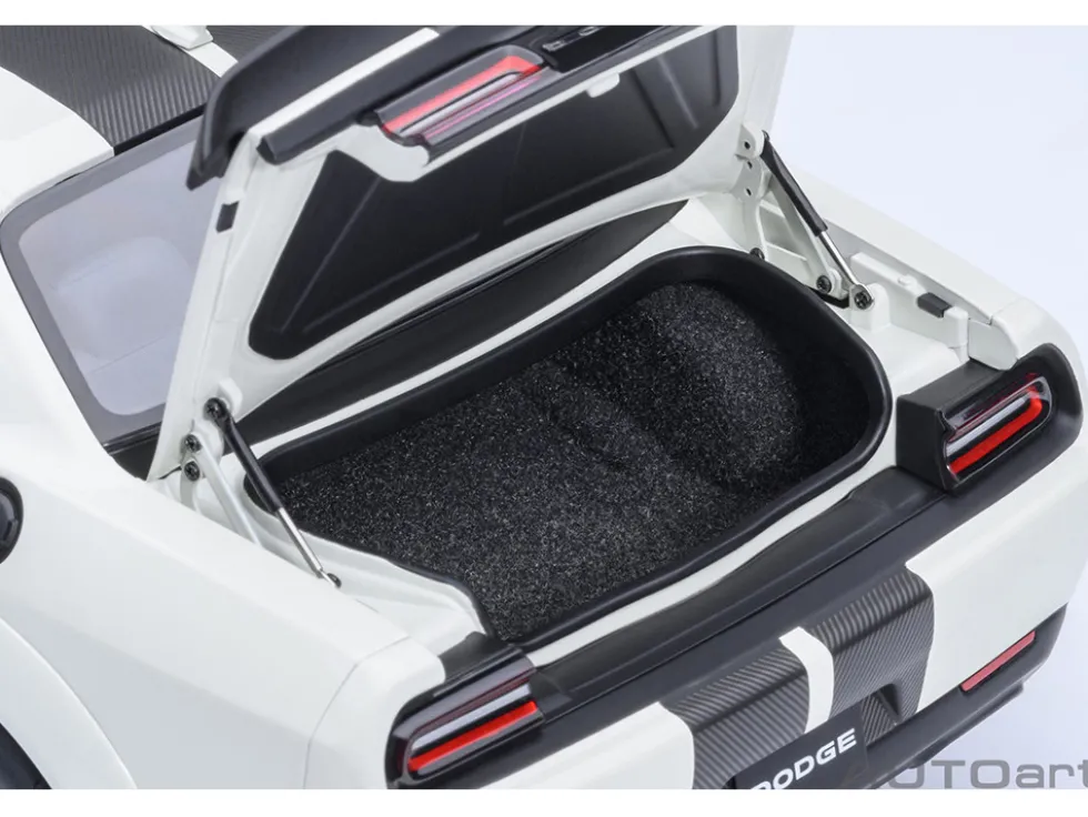 2023 Dodge Challenger SRT Super Stock Knuckle White with Carbon Stripes 1/18 Model Car by Autoart