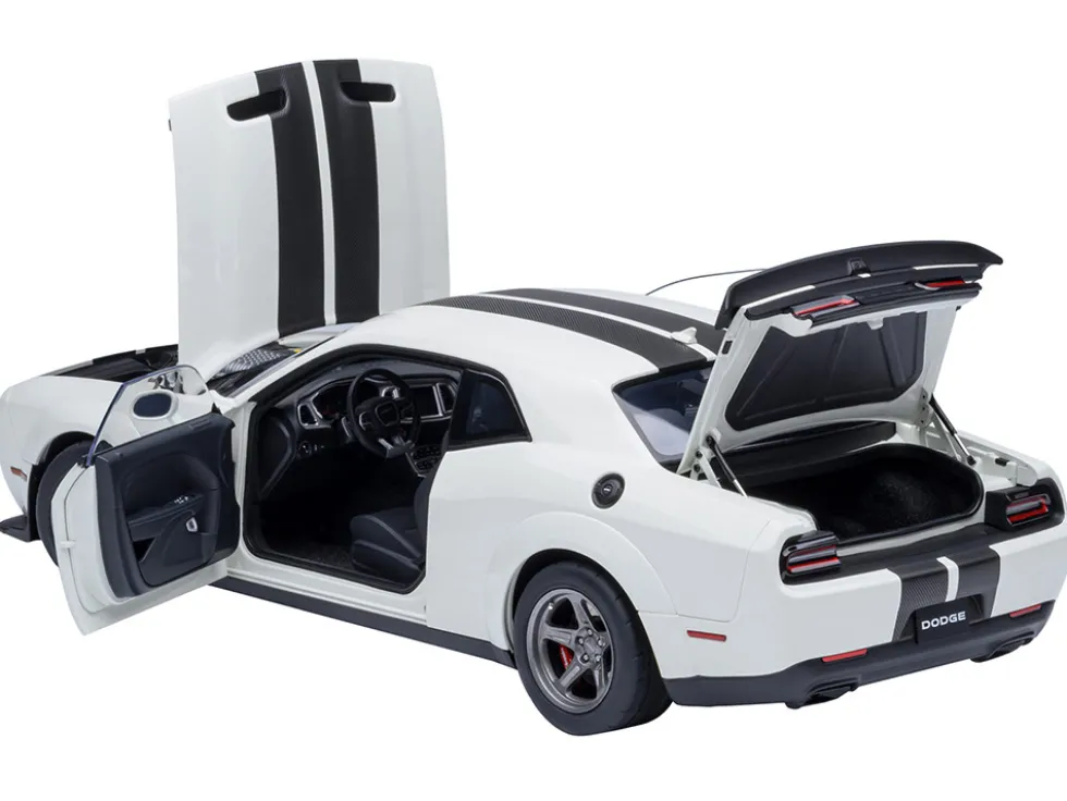 2023 Dodge Challenger SRT Super Stock Knuckle White with Carbon Stripes 1/18 Model Car by Autoart