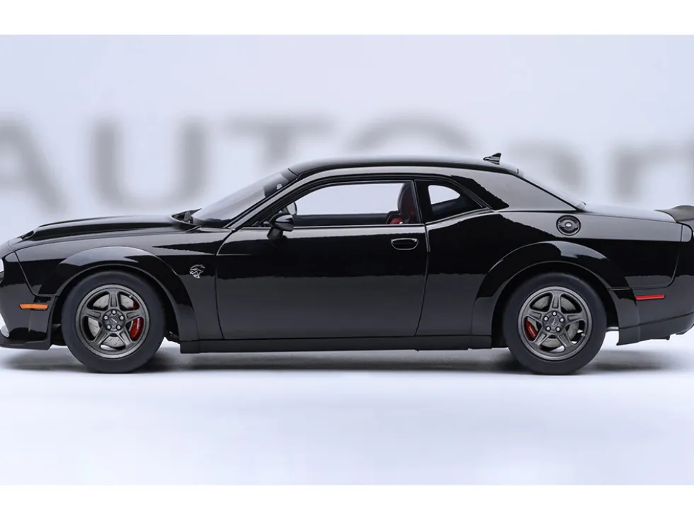 2023 Dodge Challenger SRT Super Stock Pitch Black with Red Interior 1/18 Model Car by Autoart