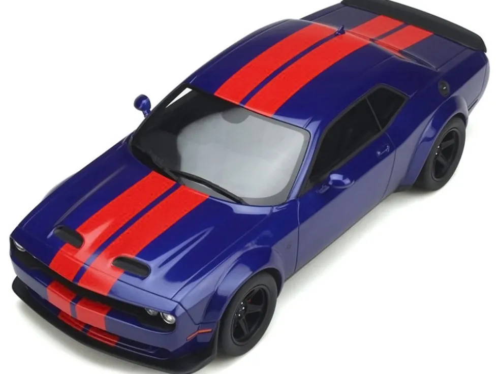 2021 Dodge Challenger Super Stock Blue Red Stripes 1/18 Model Car GT Spirit GT362