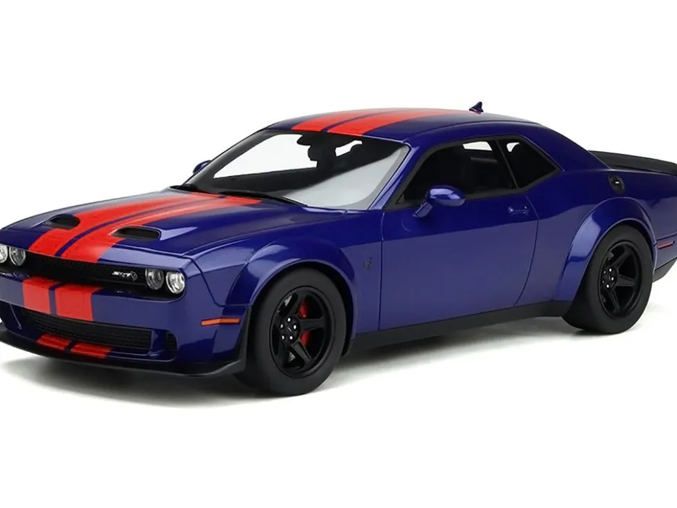 2021 Dodge Challenger Super Stock Blue Red Stripes 1/18 Model Car GT Spirit GT362