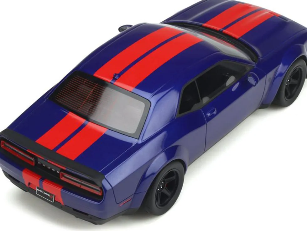 2021 Dodge Challenger Super Stock Blue Red Stripes 1/18 Model Car GT Spirit GT362