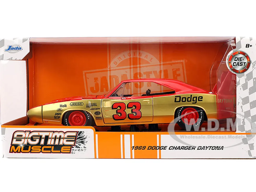 1969 Dodge Charger Daytona #33 Red and Gold Metallic with Graphics "Bigtime Muscle" Series 1/24 Diecast Model Car by Jada