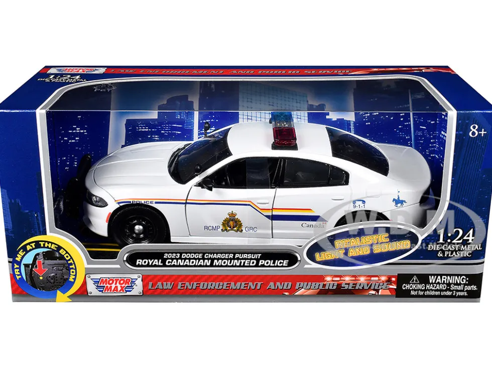2023 Dodge Charger Pursuit Police Car "Royal Canadian Mounted Police (RCMP)" White with Flashing Light Bar and Front and Rear Lights and Sounds 1/24 Diecast Model Car by Motormax