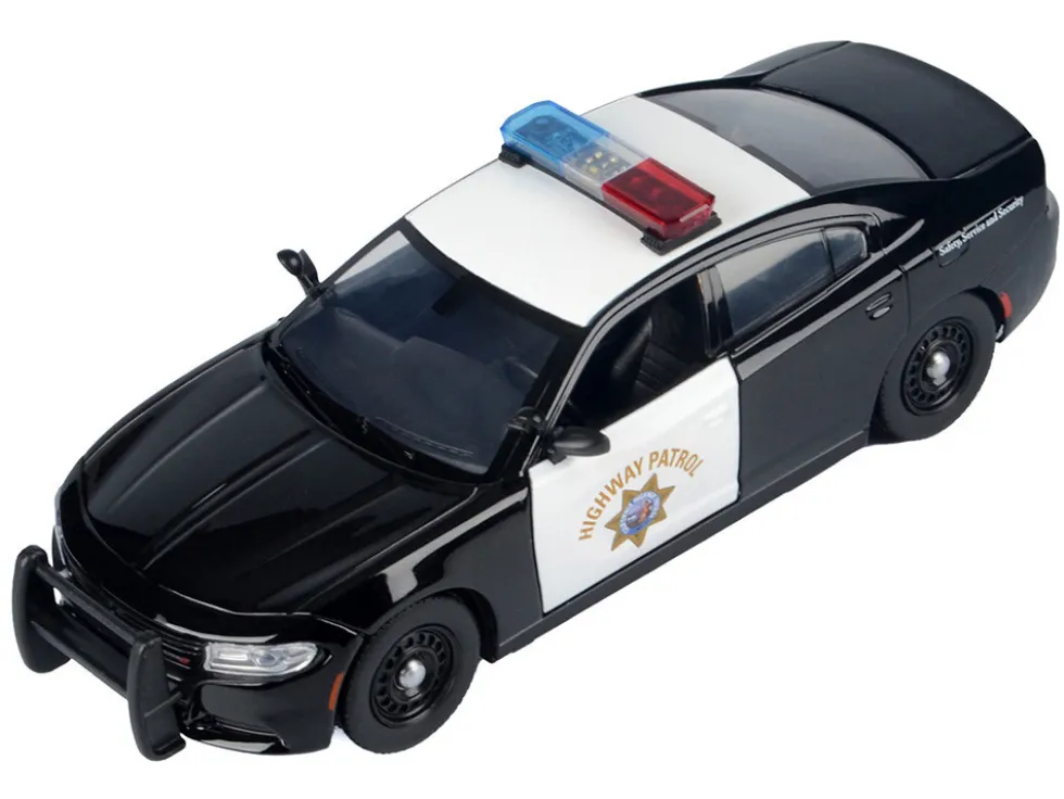 2023 Dodge Charger Pursuit Police Car "California Highway Patrol (CHP)" Black and White with Flashing Light Bar and Front and Rear Lights and Sounds 1/24 Diecast Model Car by Motormax