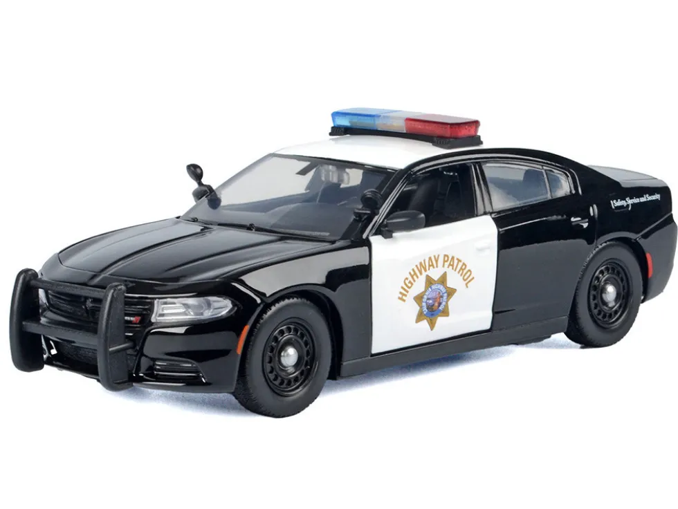 2023 Dodge Charger Pursuit Police Car "California Highway Patrol (CHP)" Black and White with Flashing Light Bar and Front and Rear Lights and Sounds 1/24 Diecast Model Car by Motormax