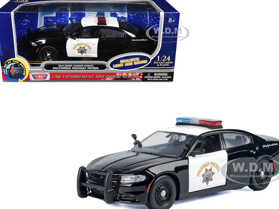 2023 Dodge Charger Pursuit Police Car "California Highway Patrol (CHP)" Black and White with Flashing Light Bar and Front and Rear Lights and Sounds 1/24 Diecast Model Car by Motormax