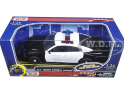 2011 Dodge Charger Pursuit Police Car Black and White with Flashing Light Bar, Front and Rear Lights and 2 Sounds 1/24 Diecast Model Car Motormax 79533