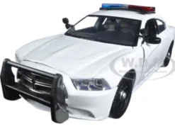 2011 Dodge Charger Pursuit Police Car White with Flashing Light Bar, Front and Rear Lights and 2 Sounds 1/24 Diecast Model Car Motormax 79532