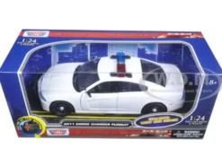 2011 Dodge Charger Pursuit Police Car White with Flashing Light Bar, Front and Rear Lights and 2 Sounds 1/24 Diecast Model Car Motormax 79532