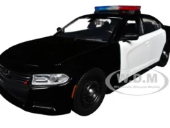 2023 Dodge Charger Pursuit Police Car Black and White with Flashing Light Bar, Front and Rear Lights and 2 Sounds "Builder's Kit" 1/24 Diecast Model Car by Motormax