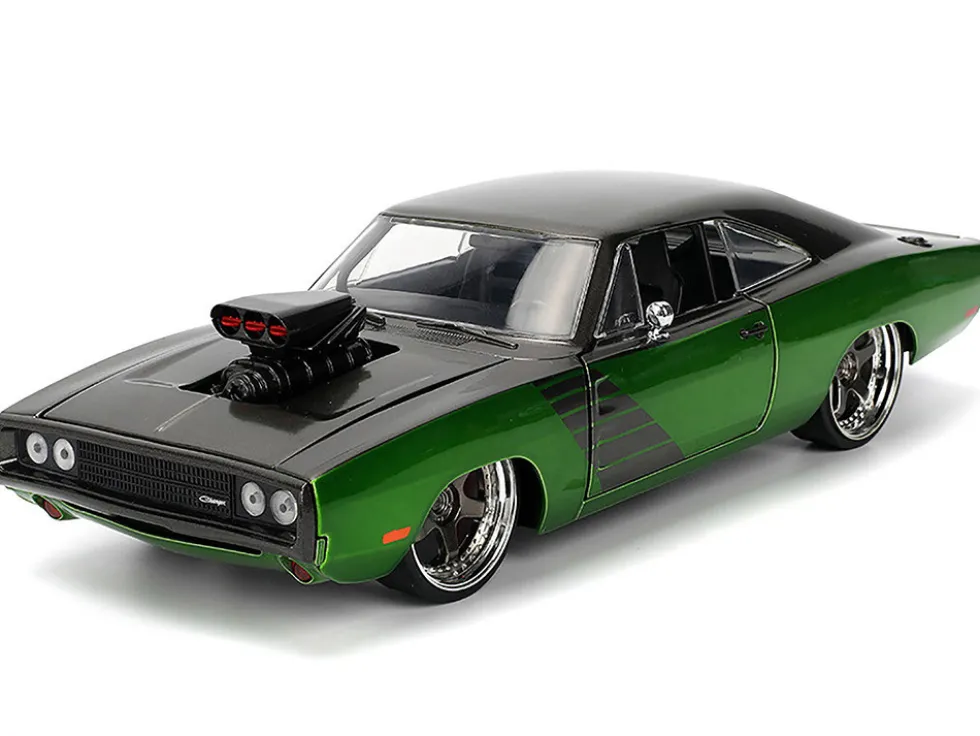 1970 Dodge Charger R/T Dark Gray Metallic and Green Metallic with Dark Gray Stripes "Bigtime Muscle" Series 1/24 Diecast Model Car by Jada