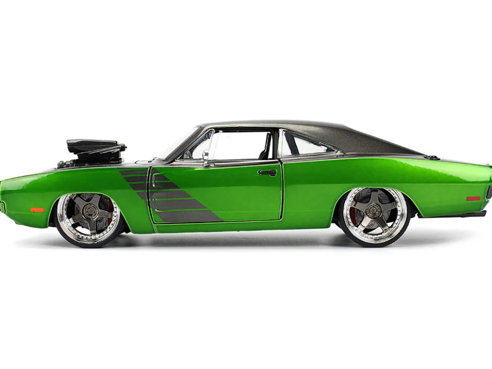 1970 Dodge Charger R/T Dark Gray Metallic and Green Metallic with Dark Gray Stripes "Bigtime Muscle" Series 1/24 Diecast Model Car by Jada