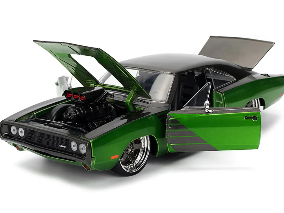 1970 Dodge Charger R/T Dark Gray Metallic and Green Metallic with Dark Gray Stripes "Bigtime Muscle" Series 1/24 Diecast Model Car by Jada