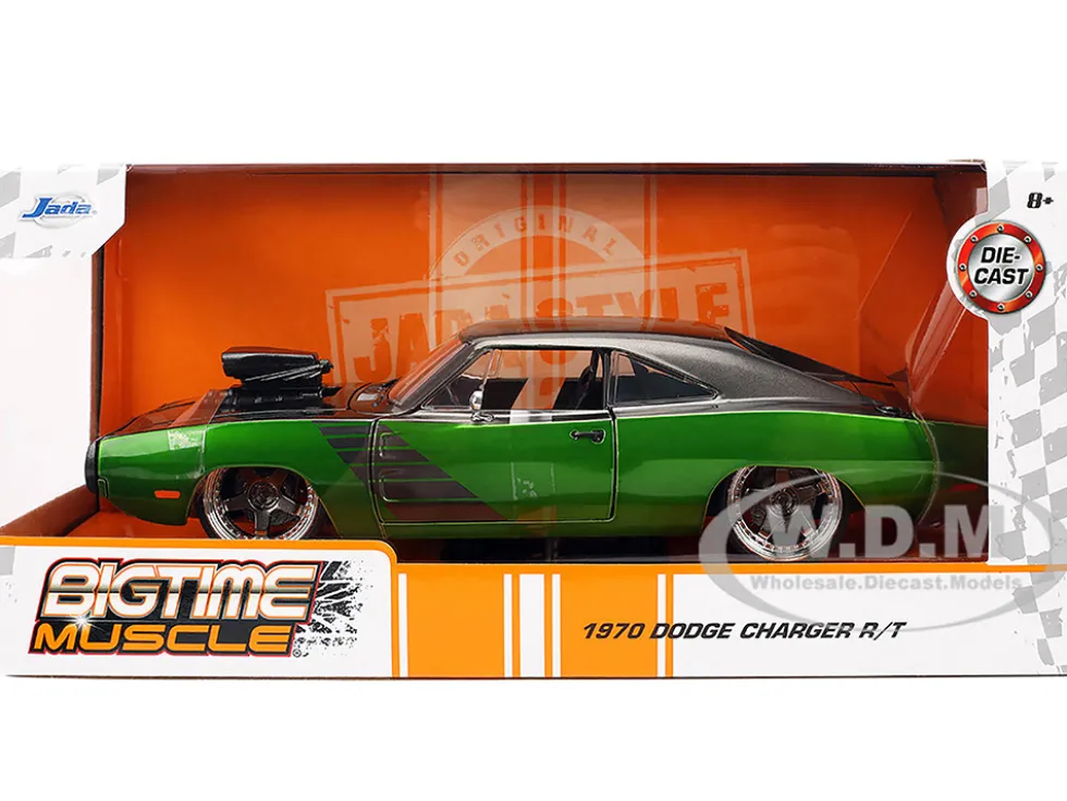 1970 Dodge Charger R/T Dark Gray Metallic and Green Metallic with Dark Gray Stripes "Bigtime Muscle" Series 1/24 Diecast Model Car by Jada