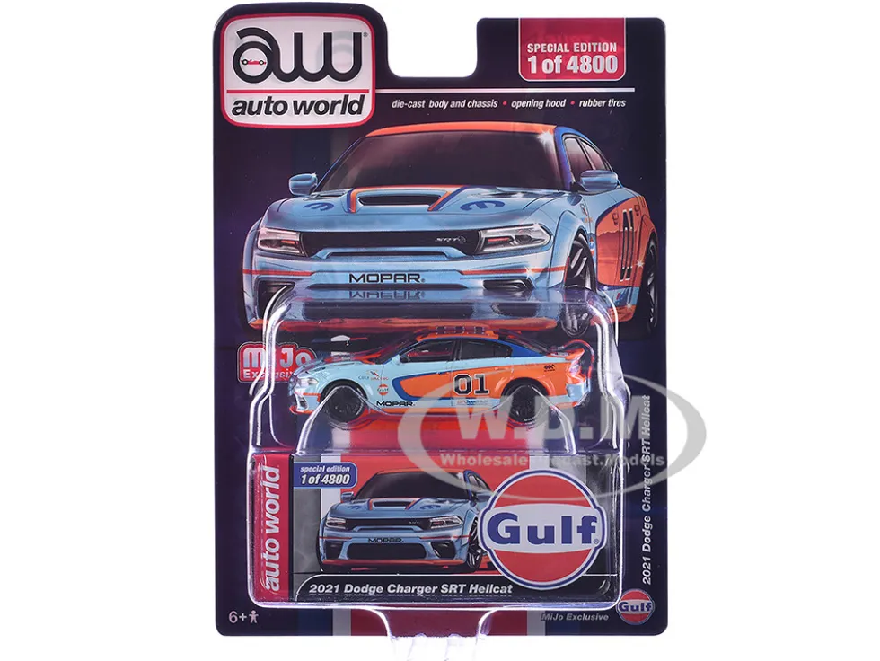 2021 Dodge Charger SRT Hellcat #01 "Gulf Oil-MOPAR" Light Blue and Orange Limited Edition to 4800 pieces Worldwide 1/64 Diecast Model Car by Auto World