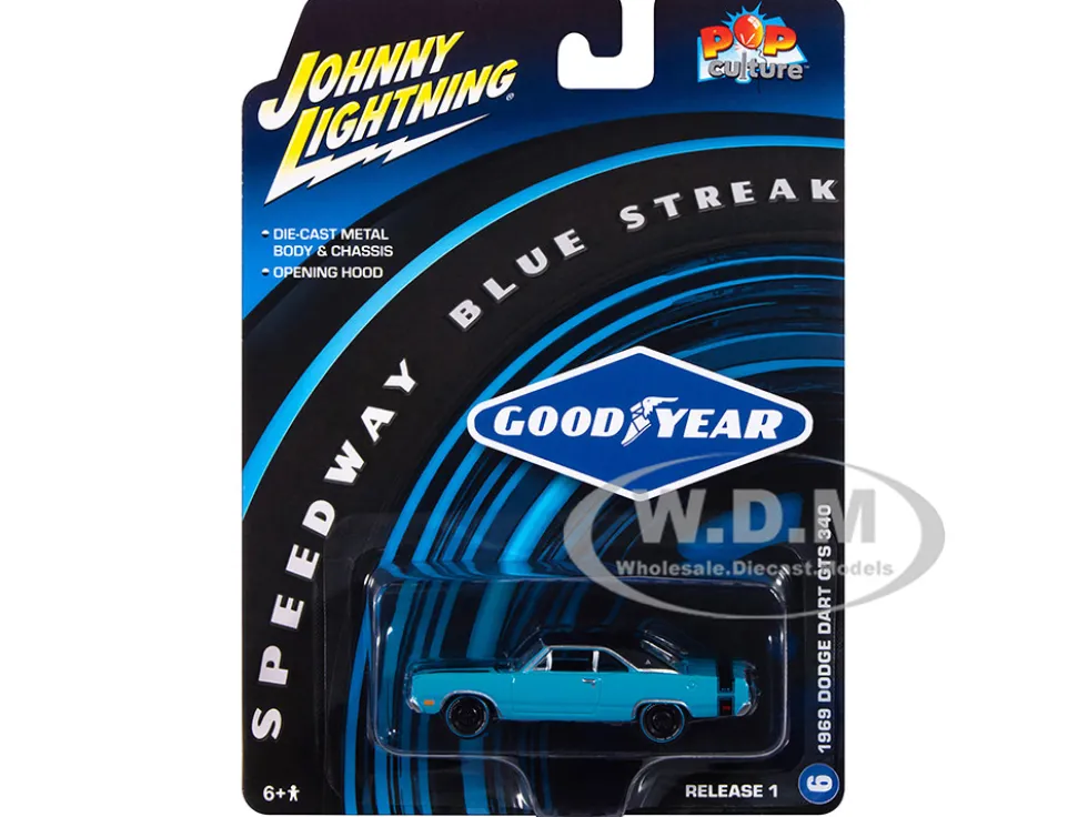 1969 Dodge Dart GTS 340 Blue with Black Top and Stripes "Goodyear Blue Streak" "Pop Culture" 2025 Release 1 1/64 Diecast Model Car by Johnny Lightning