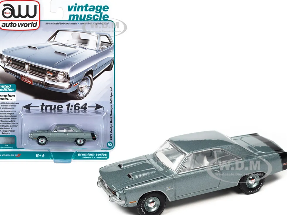 1971 Dodge Dart Swinger 340 Special Light Gunmetal Gray Metallic Black Tail Stripe Vintage Muscle Limited Edition 1/64 Diecast Model Car Auto World 64362-AWSP105A
