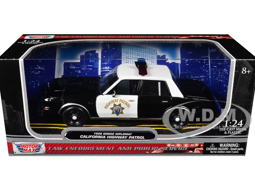 1986 Dodge Diplomat Police Car "California Highway Patrol" Black and White "Law Enforcement and Public Service" Series 1/24 Diecast Model Car by Motormax