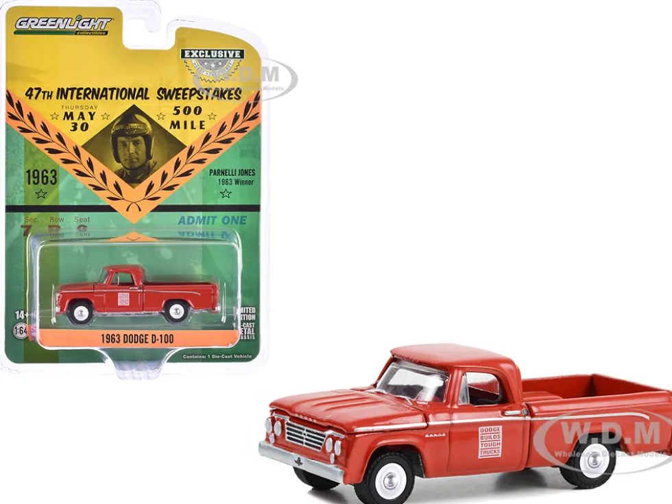 1963 Dodge D-100 Pickup Truck "47th International 500 Mile Sweepstakes - Indianapolis 500 Official Truck" Red "Hobby Exclusive" Series 1/64 Diecast Model Car by Greenlight