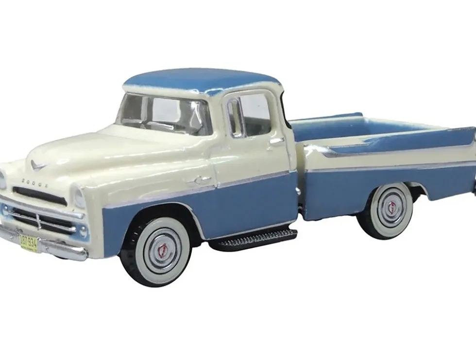 1957 Dodge D100 Sweptside Pickup Truck Ice Blue and Glacier White 1/87 (HO) Scale Diecast Model Car by Oxford Diecast