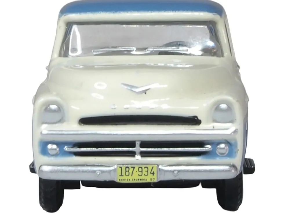 1957 Dodge D100 Sweptside Pickup Truck Ice Blue and Glacier White 1/87 (HO) Scale Diecast Model Car by Oxford Diecast