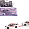 2018 Dodge Durango White with Red Stripes and 2021 Dodge Challenger SRT White with Red Stripes "Ramchargers" with Flatbed Trailer "Racing Hitch & Tow" Series 6 1/64 Diecast Model Cars by Greenlight