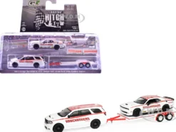 2018 Dodge Durango White with Red Stripes and 2021 Dodge Challenger SRT White with Red Stripes "Ramchargers" with Flatbed Trailer "Racing Hitch & Tow" Series 6 1/64 Diecast Model Cars by Greenlight