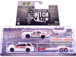 2018 Dodge Durango White with Red Stripes and 2021 Dodge Challenger SRT White with Red Stripes "Ramchargers" with Flatbed Trailer "Racing Hitch & Tow" Series 6 1/64 Diecast Model Cars by Greenlight
