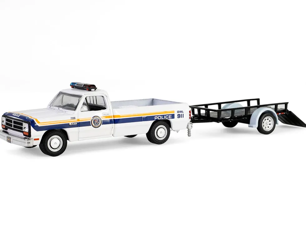 1990 Dodge Ram D250 Pickup Truck "Philadelphia, PA Police Department" White with Stripes and Utility Trailer "Hot Pursuit Hitch & Tow" Series 1 1/64 Diecast Model Cars by Greenlight