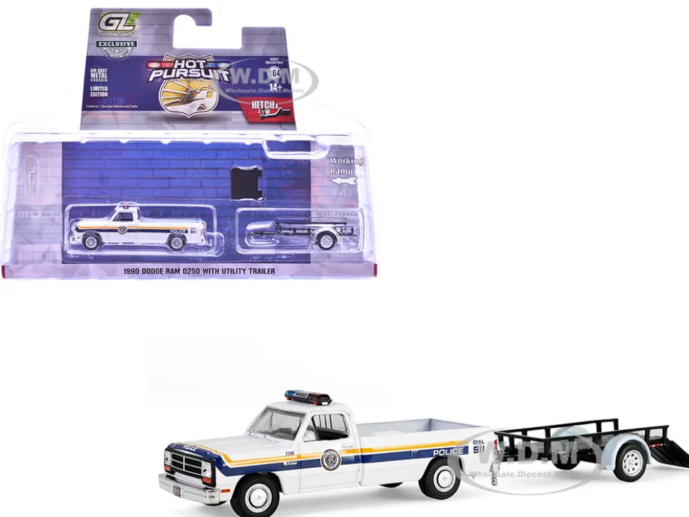 1990 Dodge Ram D250 Pickup Truck "Philadelphia, PA Police Department" White with Stripes and Utility Trailer "Hot Pursuit Hitch & Tow" Series 1 1/64 Diecast Model Cars by Greenlight