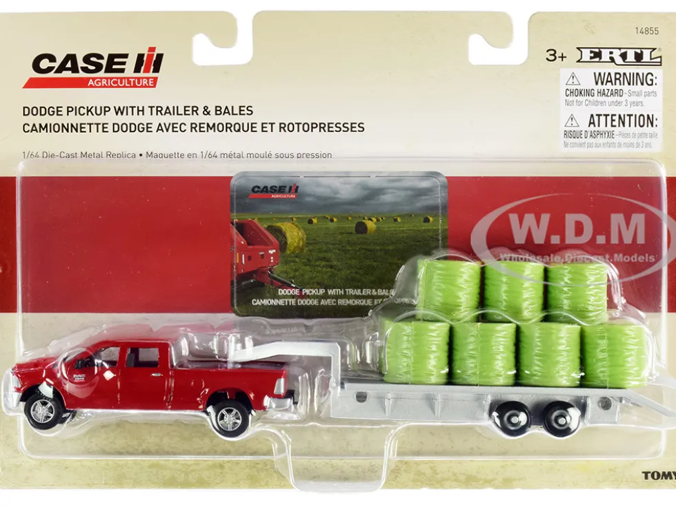 Dodge Ram 2500 Heavy Duty Pickup Truck Red Flatbed Trailer Silver 11 Hay Bales Set 3 pieces Case IH Agriculture Series 1/64 Diecast Models ERTL TOMY 14855