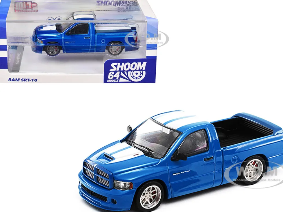 2003 Dodge Ram SRT-10 Pickup Truck Electric Blue Metallic with White Stripes 1/64 Diecast Model Car by Shoom64 Models
