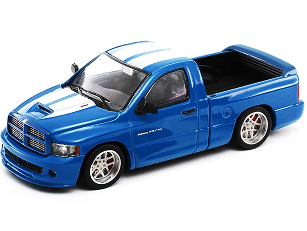 2003 Dodge Ram SRT-10 Pickup Truck Electric Blue Metallic with White Stripes 1/64 Diecast Model Car by Shoom64 Models