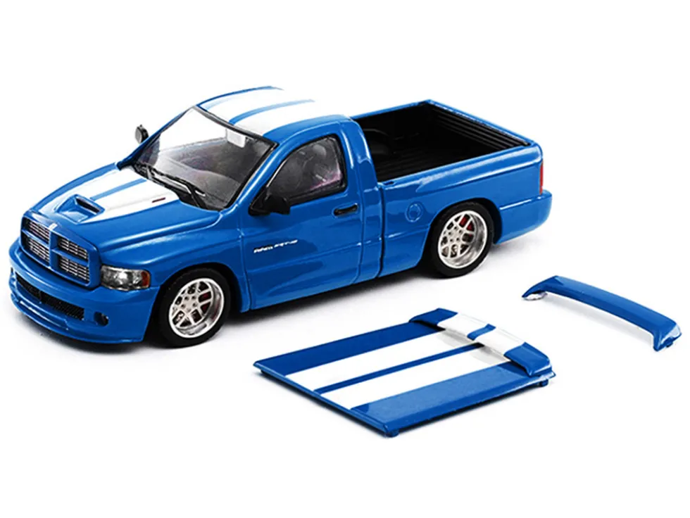 2003 Dodge Ram SRT-10 Pickup Truck Electric Blue Metallic with White Stripes 1/64 Diecast Model Car by Shoom64 Models