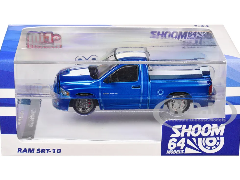 2003 Dodge Ram SRT-10 Pickup Truck Electric Blue Metallic with White Stripes 1/64 Diecast Model Car by Shoom64 Models