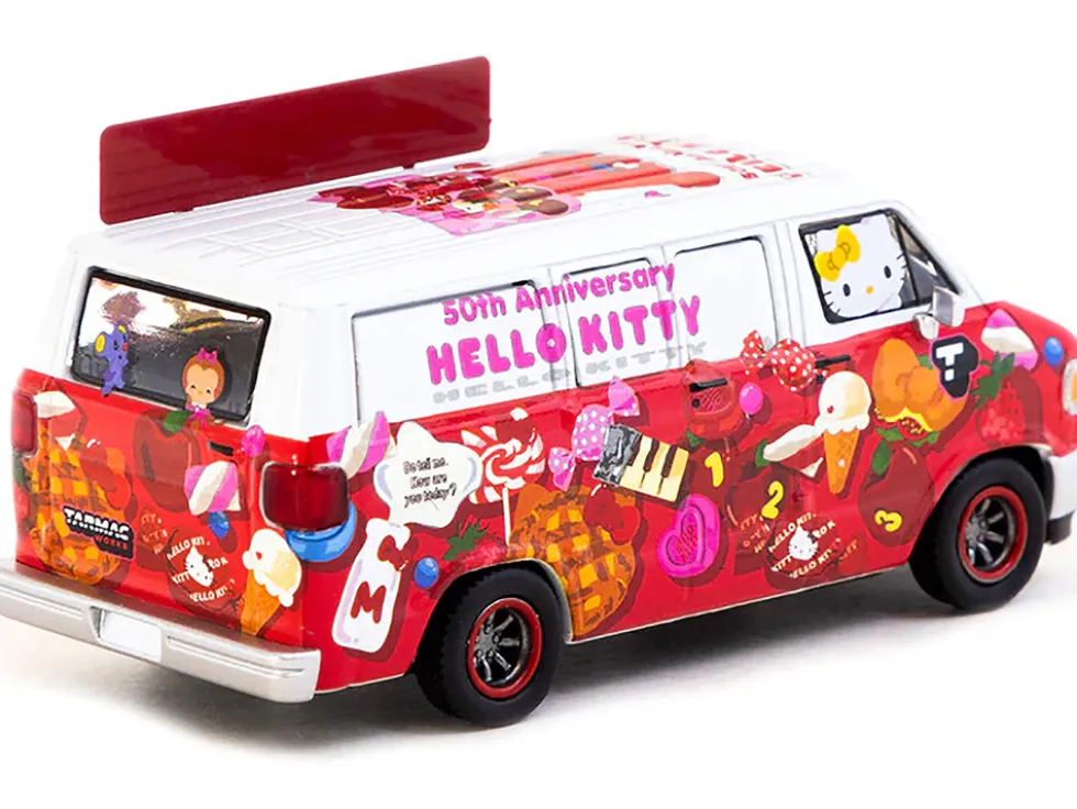 Dodge Van "Hello Kitty Food Truck" White and Red with Graphics "Global64" Series 1/64 Diecast Model by Tarmac Works