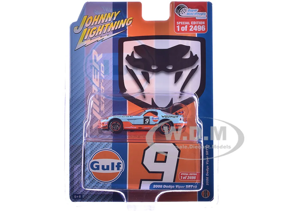 2008 Dodge Viper SRT10 #9 "Gulf Oil" Light Blue and Orange Limited Edition to 2496 pieces Worldwide 1/64 Diecast Model Car by Johnny Lightning