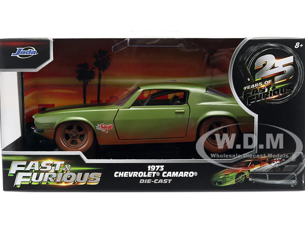 Dom's 1973 Chevrolet Camaro "F-Bomb" Matt Green (Dirty Version) with Black Hood Stripe "Fast & Furious" (2009) Movie "Fast & Furious 25 Years" Series 1/32 Diecast Model Car by Jada