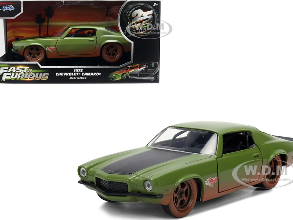Dom's 1973 Chevrolet Camaro "F-Bomb" Matt Green (Dirty Version) with Black Hood Stripe "Fast & Furious" (2009) Movie "Fast & Furious 25 Years" Series 1/32 Diecast Model Car by Jada