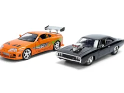 Dom's 1970 Dodge Charger R/T Black and Brian's Toyota Supra Orange with Graphics Set of 2 Cars
