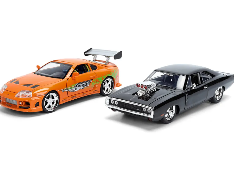 Dom's 1970 Dodge Charger R/T Black and Brian's Toyota Supra Orange with Graphics Set of 2 Cars "Fast & Furious 25th Anniversary" "Fast & Furious" Series 1/24 Diecast Model Cars by Jada