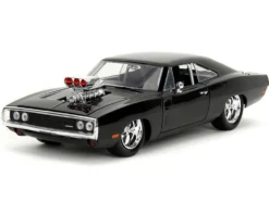 Dom's 1970 Dodge Charger R/T Black and Brian's Toyota Supra Orange with Graphics Set of 2 Cars