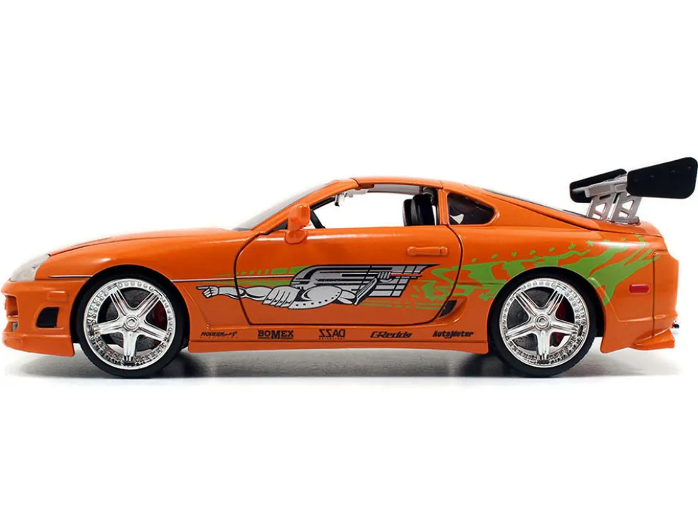 Dom's 1970 Dodge Charger R/T Black and Brian's Toyota Supra Orange with Graphics Set of 2 Cars "Fast & Furious 25th Anniversary" "Fast & Furious" Series 1/24 Diecast Model Cars by Jada