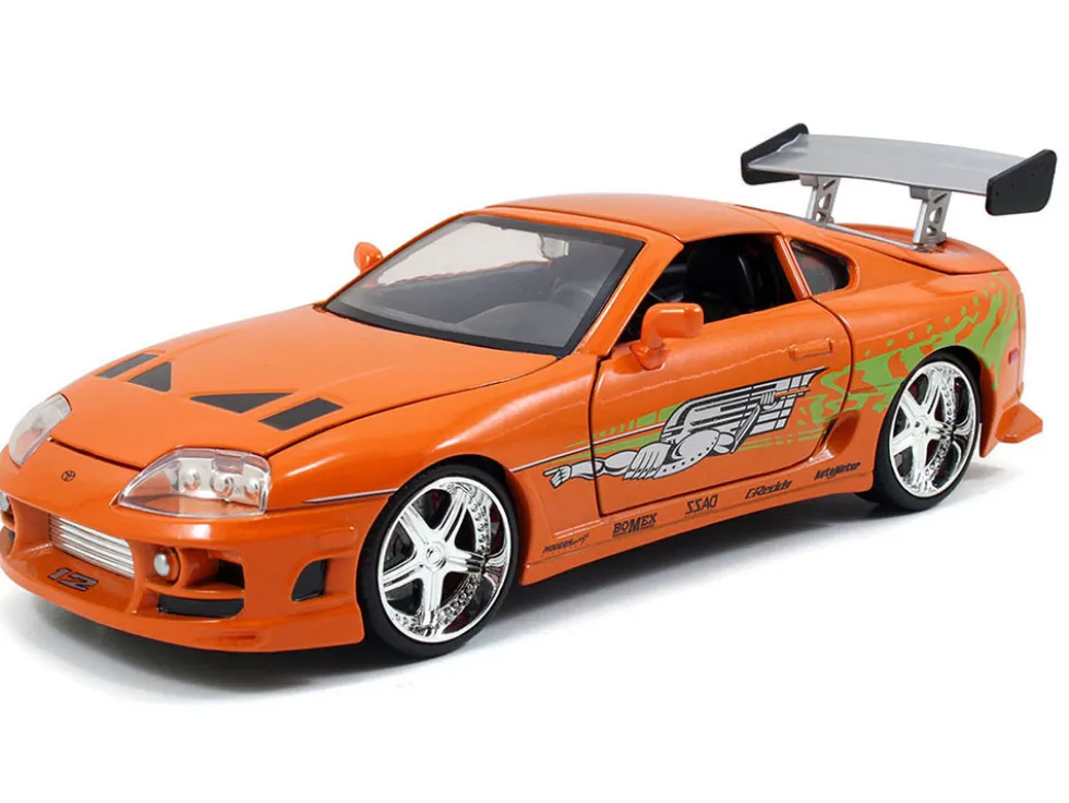 Dom's 1970 Dodge Charger R/T Black and Brian's Toyota Supra Orange with Graphics Set of 2 Cars "Fast & Furious 25th Anniversary" "Fast & Furious" Series 1/24 Diecast Model Cars by Jada